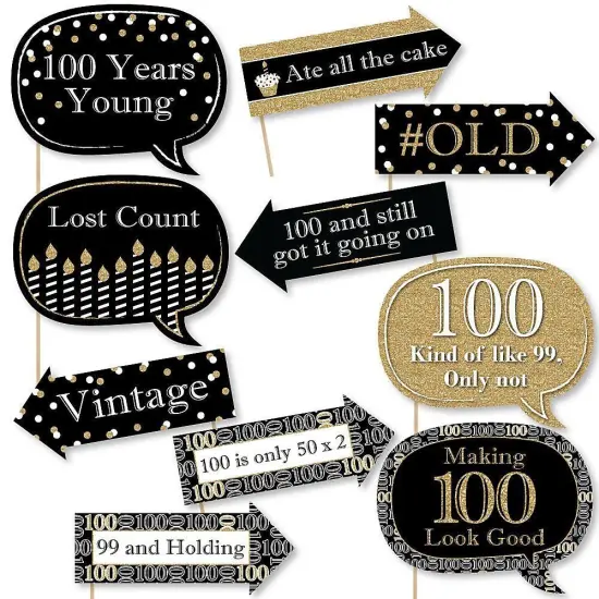 Big Dot of Happiness Funny Adult 100th Birthday - Gold - Birthday Party Photo Booth Props Kit - 10 Piece {1}