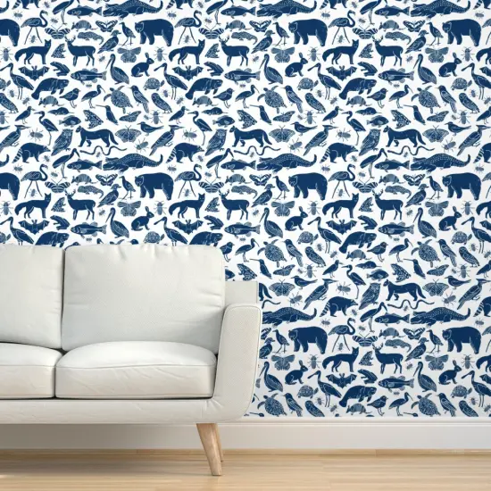 Peel & Stick Wallpaper 2FT Wide Animals Navy Blue Zoo Botanical Nursery Kids Custom Removable Wallpaper by Spoonflower {5}