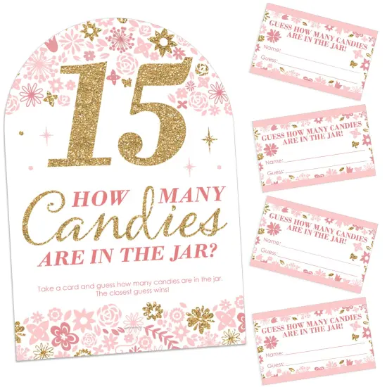 Big Dot of Happiness Mis Quince Anos - How Many Candies Quinceanera Sweet 15 Birthday Party Game - 1 Stand and 40 Cards - Candy Guessing Game {1}