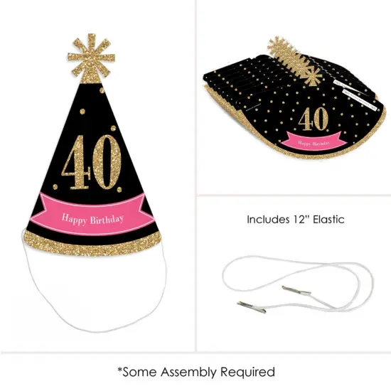 Big Dot of Happiness Chic 40th Birthday - Pink, Black and Gold - Cone Birthday Party Hats for Adults - Set of 8 (Standard Size) {6}