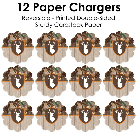 Big Dot of Happiness Gone Hunting - Deer Hunting Camo Baby Shower or Birthday Party Round Table Decorations - Paper Chargers - Place Setting For 12 {7}