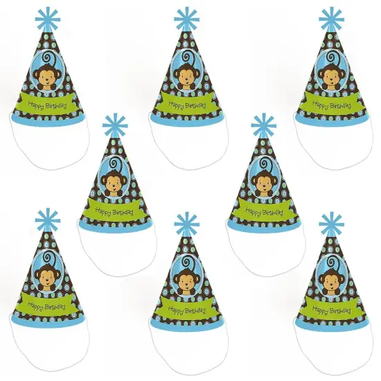 Big Dot of Happiness Blue Monkey Boy - Cone Happy Birthday Party Hats for Kids and Adults - Set of 8 (Standard Size) {7}