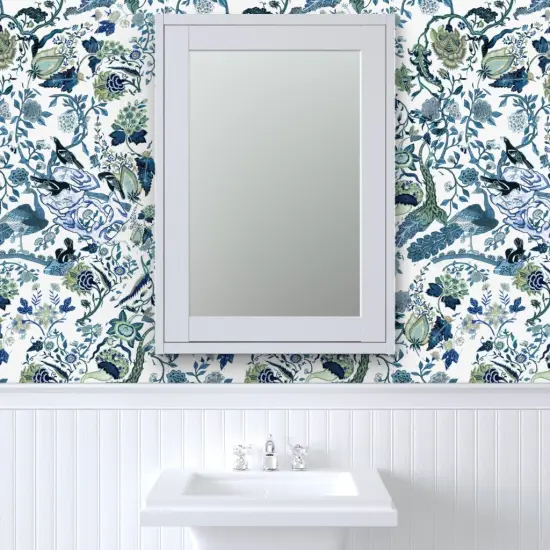Pre-Pasted Wallpaper 2FT Wide Green Blue Chinoiserie Floral Chinese Inspired Classic Custom Pre-pasted Wallpaper by Spoonflower {6}