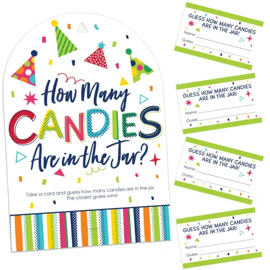 Big Dot of Happiness Cheerful Happy Birthday - How Many Candies Colorful Birthday Party Game - 1 Stand and 40 Cards - Candy Guessing Game {1}