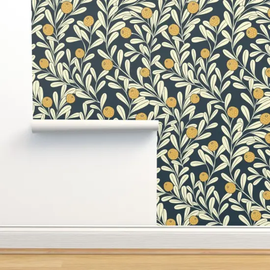 Pre-Pasted Wallpaper 2FT Wide Vines Wallpaper Plants Art Deco Citrus Navy Lemons Mustard Botanical Gardens Climbing Custom Pre-pasted Wallpaper by Spoonflower {2}