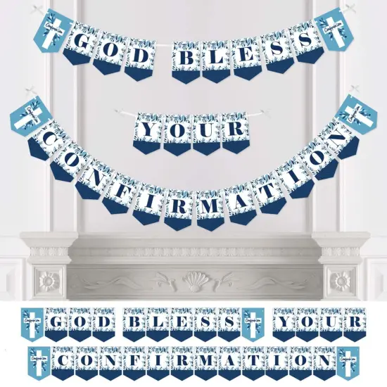 Big Dot of Happiness Confirmation Blue Elegant Cross - Boy Religious Party Bunting Banner - Party Decorations - God Bless Your Confirmation {1}