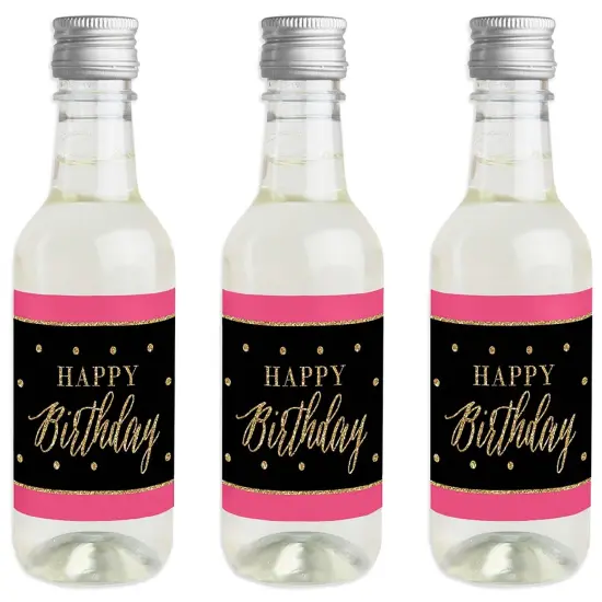 Big Dot of Happiness Chic Happy Birthday - Pink, Black and Gold - Mini Wine & Champagne Bottle Label Stickers - Birthday Party Favor Gift - Set of 16 {1}