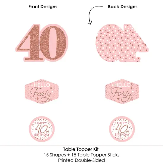 Big Dot of Happiness 40th Pink Rose Gold Birthday - Happy Birthday Party Centerpiece Sticks - Table Toppers - Set of 15 {6}