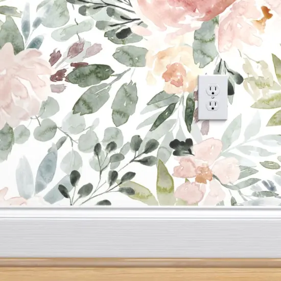 Peel & Stick Wallpaper 2FT Wide Soft Floral Watercolor Roses Sage Green Blush Baby Girl Nursery Wedding Flowers Botanical Custom Removable Wallpaper by Spoonflower 10114394 {4}