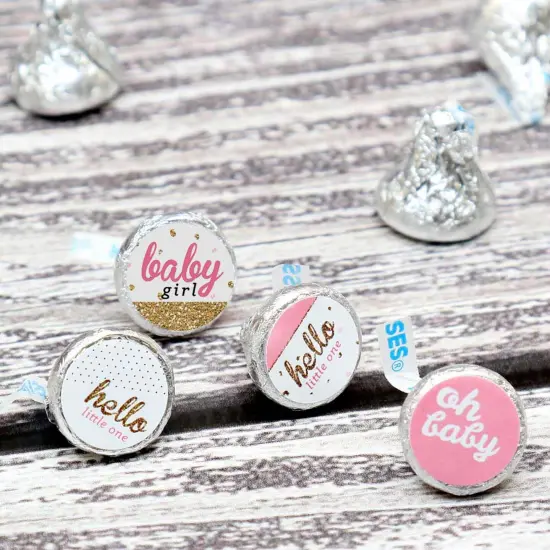 Big Dot of Happiness Hello Little One - Pink & Gold - Girl Baby Shower Party Round Candy Sticker Favors - Labels Fits Chocolate Candy (1 sheet of 108) {4}