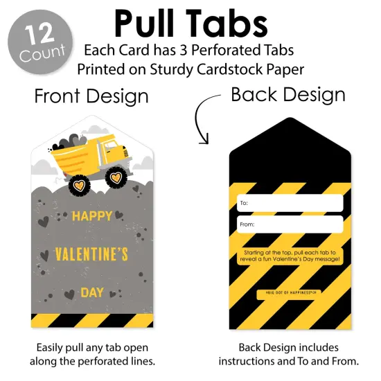 Big Dot of Happiness Dig It - Construction Party Zone - Dump Truck Cards for Kids - Happy Valentine's Day Pull Tabs - Set of 12 {6}