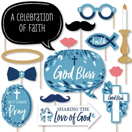 Big Dot of Happiness Blue Elegant Cross - Boy Religious Party Photo Booth Props Kit - 20 Count {1}