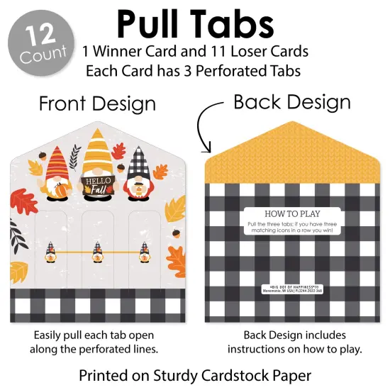 Big Dot of Happiness Fall Gnomes - Autumn Harvest Party Game Pickle Cards - Pull Tabs 3-in-a-Row - Set of 12 {6}