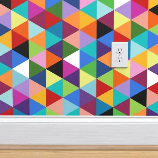 Peel & Stick Wallpaper 2FT Wide Colorful Geometric Triangle Cheater Quilt Pattern Happy Multi Color Modern Triangles Pop Art Colors Abstract Kid Room Shapes Custom Removable Wallpaper by Spoonflower {4}