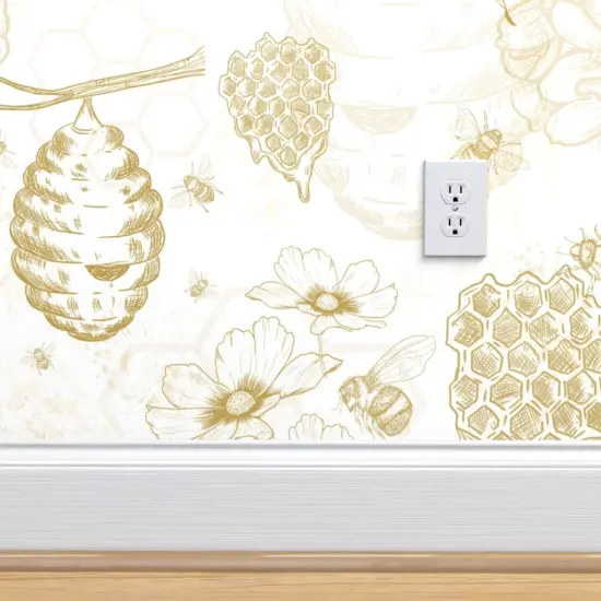Peel & Stick Wallpaper 2FT Wide Yellow Flowers Mustard Bee Honey Toile Beehive Honeycomb Hexagon Pollen Beekeeper Handdrawn Modern Apiary Custom Removable Wallpaper by Spoonflower {4}
