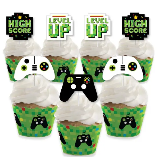 Big Dot of Happiness Game Zone - Cupcake Decoration - Pixel Video Game Party or Birthday Party Cupcake Wrappers and Treat Picks Kit - Set of 24 {1}