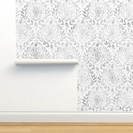 Peel & Stick Wallpaper 2FT Wide Neutral Damask Black And White Leaves Grey Gray Wallpaper Neutral Damask Texture Faded Distressed Custom Removable Wallpaper by Spoonflower {2}