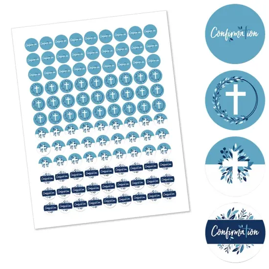 Big Dot of Happiness Confirmation Blue Elegant Cross - Boy Religious Party Round Candy Sticker Favors - Labels Fits Chocolate Candy (1 sheet of 108) {3}