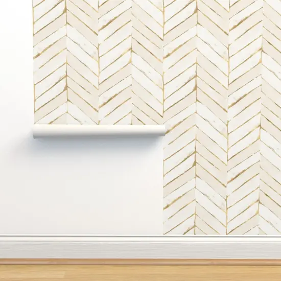 Pre-Pasted Wallpaper 2FT Wide Cream Gold Tone Chevron Herringbone Neutral Geometric Custom Pre-pasted Wallpaper by Spoonflower {2}