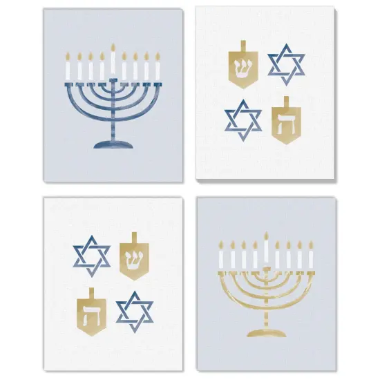 Big Dot of Happiness Happy Hanukkah - Unframed Menorah and Dreidel Chanukah Holiday Linen Paper Wall Art - Set of 4 - Artisms - 8 x 10 inches {1}