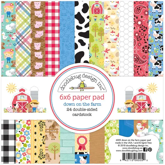 Doodlebug Double-Sided Paper Pad 6"X6" 24/Pkg-Down On The Farm, 12 Designs/2 Each {1}