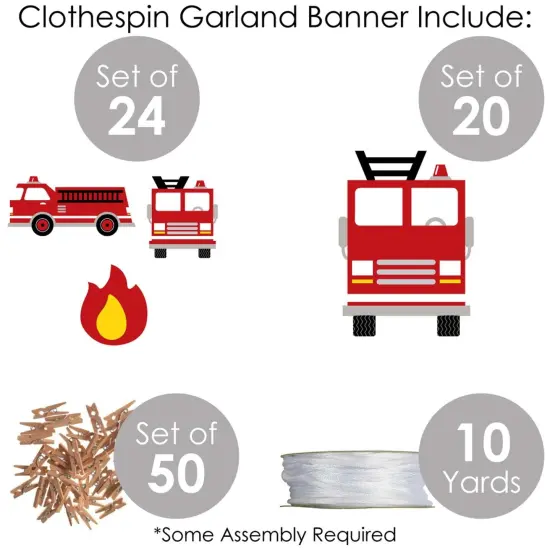 Big Dot of Happiness Fired Up Fire Truck - Firefighter Firetruck Baby Shower or Birthday Party DIY Decorations - Clothespin Garland Banner - 44 Pieces {6}