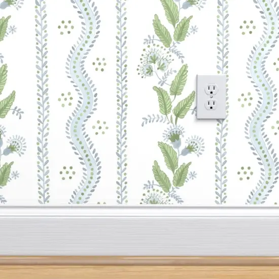 Pre-Pasted Wallpaper 2FT Wide Regency Floral Folk Art Light Blue Leaves Flower Vine Traditional Watercolor Custom Pre-pasted Wallpaper by Spoonflower {4}