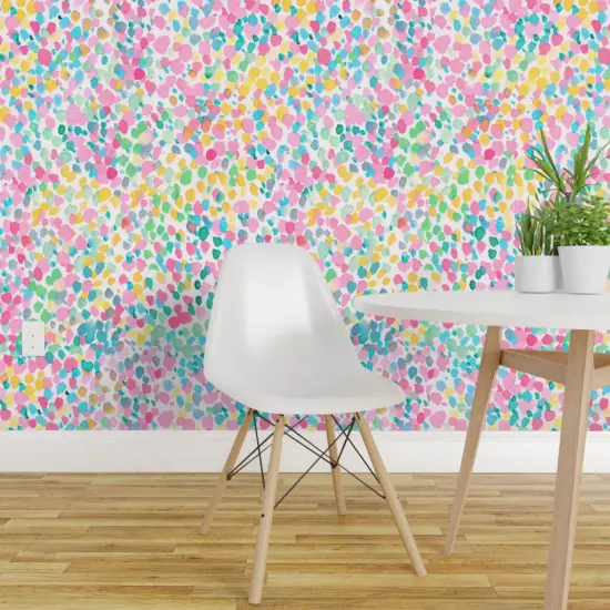 Peel & Stick Wallpaper 2FT Wide Watercolor Dots Pastel Abstract Colorful Cheerful Happy Bright Pink Yellow Blue Custom Removable Wallpaper by Spoonflower {1}