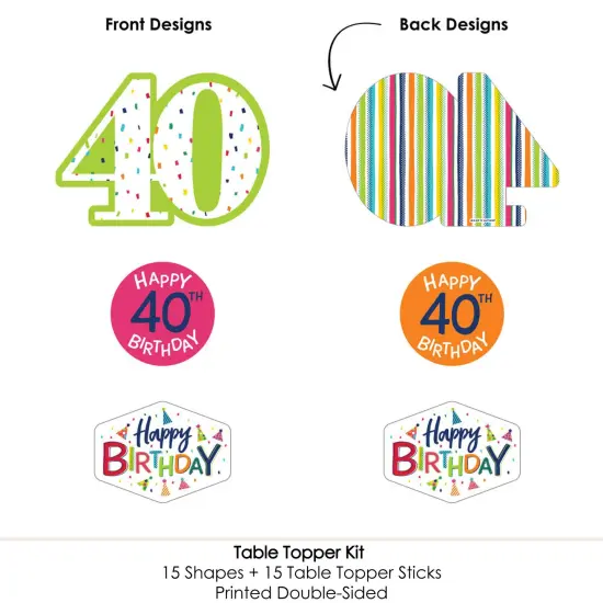 Big Dot of Happiness 40th Birthday - Cheerful Happy Birthday - Colorful Fortieth Birthday Party Centerpiece Sticks - Table Toppers - Set of 15 {6}
