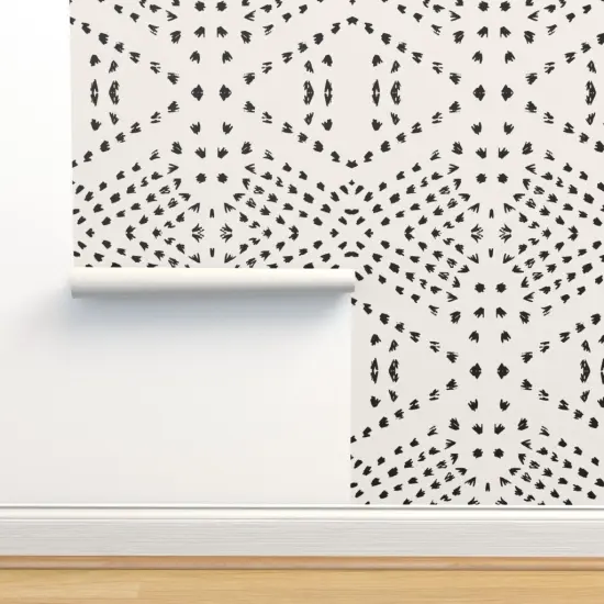 Pre-Pasted Wallpaper 2FT Wide Bohemian Mud Cloth Boho Modern Dots Black And White Farmhouse Custom Pre-pasted Wallpaper by Spoonflower {2}
