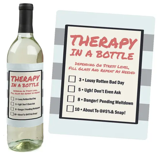 Big Dot of Happiness Therapy in a Bottle - Rough Day Decorations for Women and Men - Wine Bottle Label Stickers - Set of 4 {6}