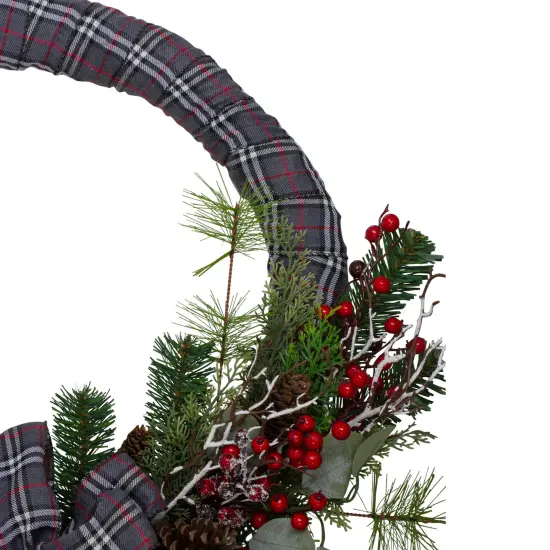 Northlight Mixed Foliage and Berries Artificial Christmas Plaid Fabric Half Wreath - 24" - Unlit Gray {4}