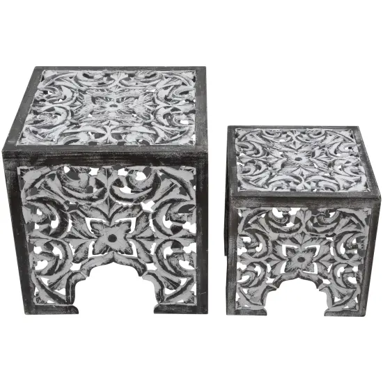 Northlight Set of 2 Antique Gray and Black Square Stackable Nesting Side Table and Stool 16" {1}