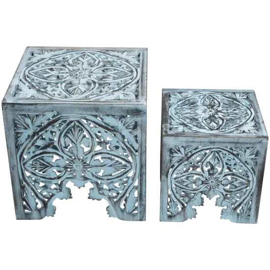 Northlight Set of 2 Antique Blue Square Stackable Nesting Side Table and Stool 16" {1}