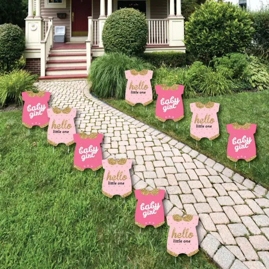 Big Dot of Happiness Hello Little One - Pink and Gold - Baby Bodysuit Lawn Decorations - Outdoor Girl Baby Shower Yard Decorations - 10 Piece {1}