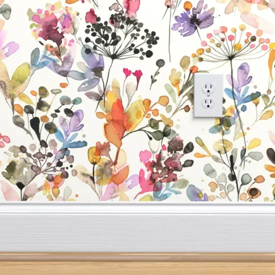 Pre-Pasted Wallpaper 2FT Wide Watercolor Plants Floral Nature Abstract Plants Home Decor Watercolor Botanical Grasses Countryside Rustic Painterly Artistic Custom Pre-pasted Wallpaper by Spoonflower {4}