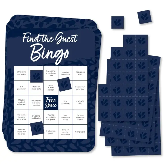 Big Dot of Happiness Navy Blue Elegantly Simple - Find the Guest Bingo Cards and Markers - Wedding & Bridal Shower Bingo GameSet of 18 {1}
