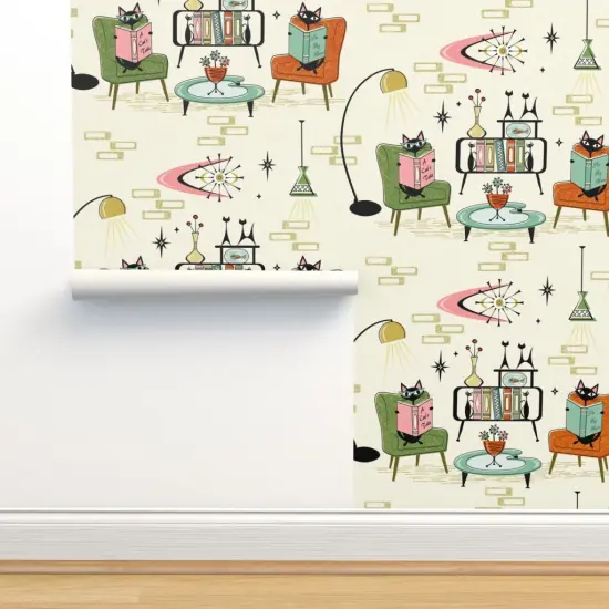 Pre-Pasted Wallpaper 2FT Wide Mid Century Modern Retro Cats 1950S Inspired Atomic Age Vintage Style Custom Pre-pasted Wallpaper by Spoonflower {2}