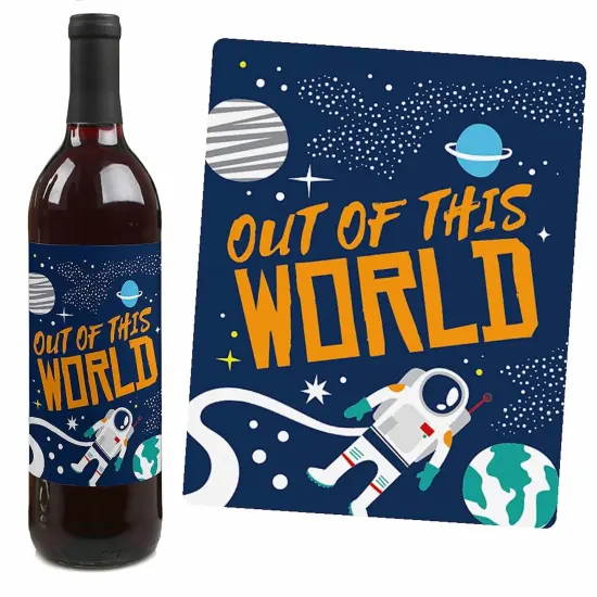 Big Dot of Happiness Blast Off to Outer Space - Rocket Ship Baby Shower Birthday Party Decor for Women & Men - Wine Bottle Label Stickers - Set of 4 {7}