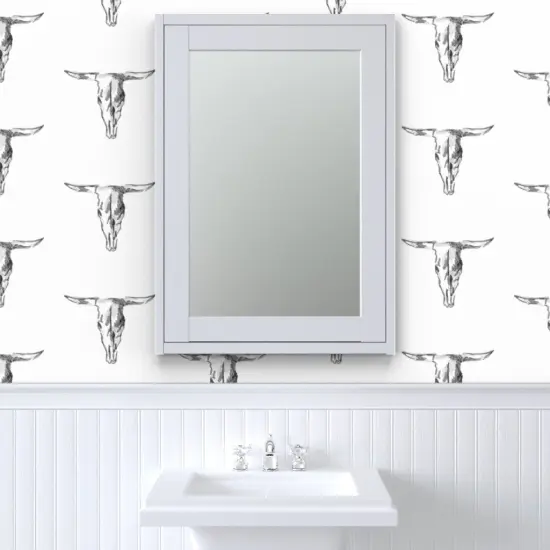 Peel & Stick Wallpaper 2FT Wide Cow Skull Bull Black And White Western Cowboy Rustic Custom Removable Wallpaper by Spoonflower {6}