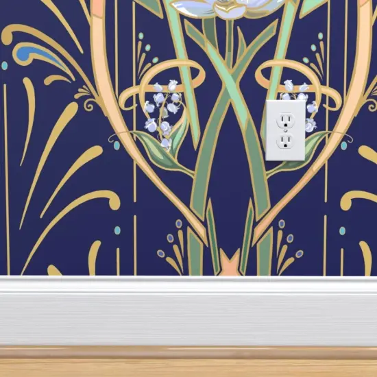 Peel & Stick Wallpaper 2FT Wide Bold Art Nouveau Large Scale Dragonflies Aqua Lotus Lily Of The Valley Water Garden Custom Removable Wallpaper by Spoonflower {4}