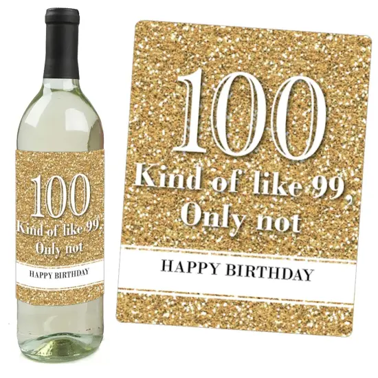 Big Dot of Happiness Adult 100th Birthday - Gold - Birthday Party Gift for Women and Men - Wine Bottle Label Stickers - Set of 4 {3}