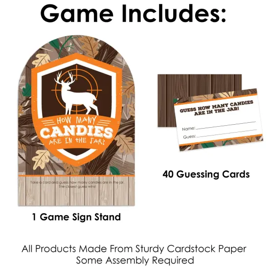 Big Dot of Happiness Gone Hunting - How Many Candies Deer Hunting Camo Baby Shower or Birthday Party Game - 1 Stand and 40 Cards - Candy Guessing Game {4}