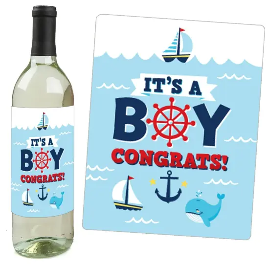 Big Dot of Happiness Ahoy It's a Boy - Nautical Baby Shower Decorations for Women and Men - Wine Bottle Label Stickers - Set of 4 {6}