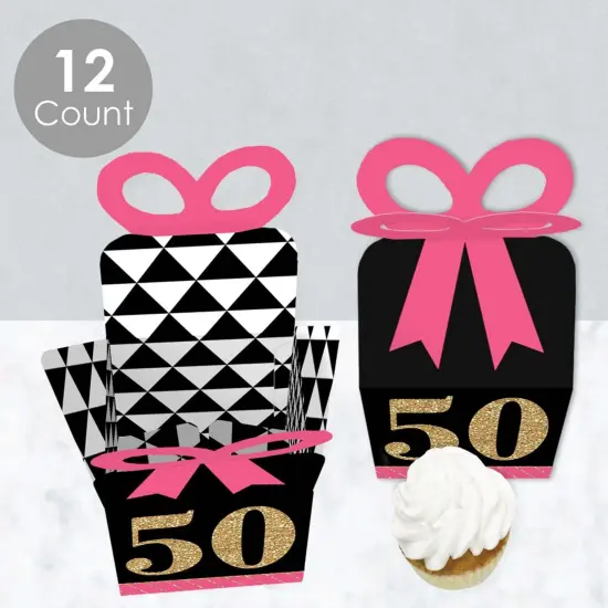 Big Dot of Happiness Chic 50th Birthday - Pink, Black and Gold - Square Favor Gift Boxes - Birthday Party Bow Boxes - Set of 12 {4}