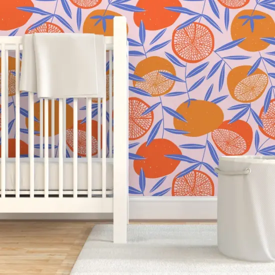 Pre-Pasted Wallpaper 2FT Wide Bright Citrus Orange Tropical Vector Art Hand-Drawn Tangerine Custom Pre-pasted Wallpaper by Spoonflower {7}