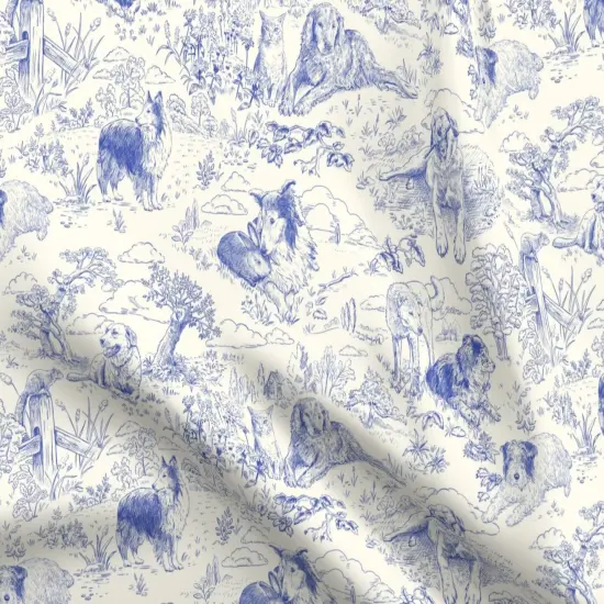 Various Fabrics by the Yard or Fat Quarter Blue Toile Country Style Hand Drawn Landscape Traditional Collie Toil Ecru Sheep Dog Australian Shepherd Shetland Custom Printed Fabric by Spoonflower {5}