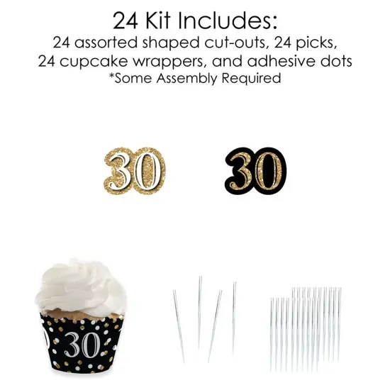 Big Dot of Happiness Adult 30th Birthday - Gold - Cupcake Decoration - Birthday Party Cupcake Wrappers and Treat Picks Kit - Set of 24 {6}