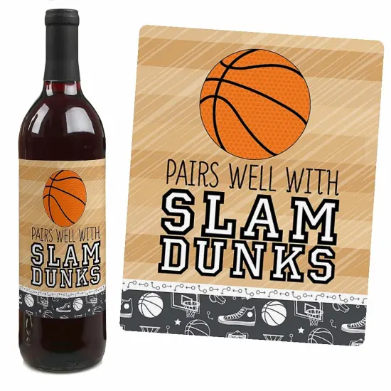 Big Dot of Happiness Nothin' but Net - Basketball - Baby Shower or Birthday Party Decorations for Women & Men - Wine Bottle Label Stickers - Set of 4 {4}