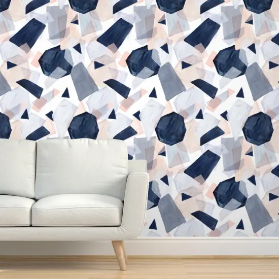 Pre-Pasted Wallpaper 2FT Wide Geo Shapes Navy Blush Watercolor Soft Mod Geometric Abstract Boho Pastel Custom Pre-pasted Wallpaper by Spoonflower {5}